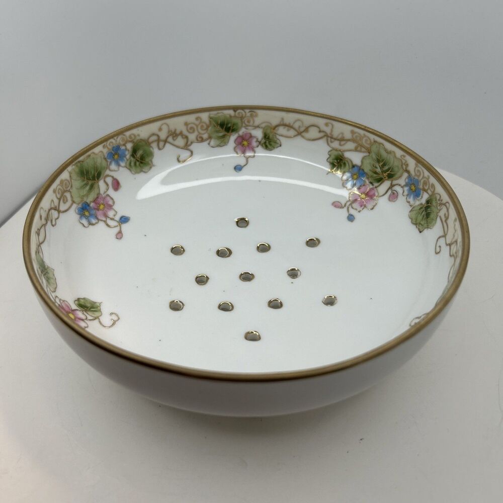 Nippon Hand Painted Floral Berry Strainer Footed Gold Accents Vintage